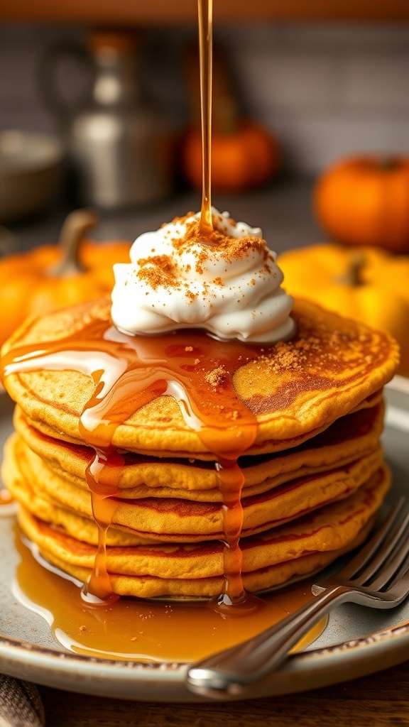 Fluffy pumpkin pancakes topped with whipped cream and maple syrup on a rustic plate.
